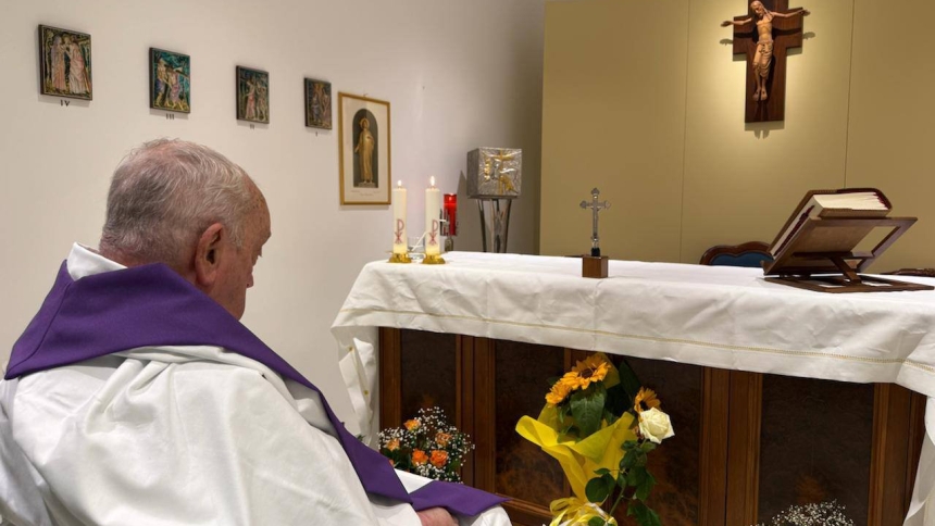 Pope Francis is seen in the chapel of his suite of rooms at Rome's Gemelli hospital March 16, 2025. The Vatican press office said the 88-year-old pope concelebrated Mass that morning. (CNS photo/Vatican Press Office)