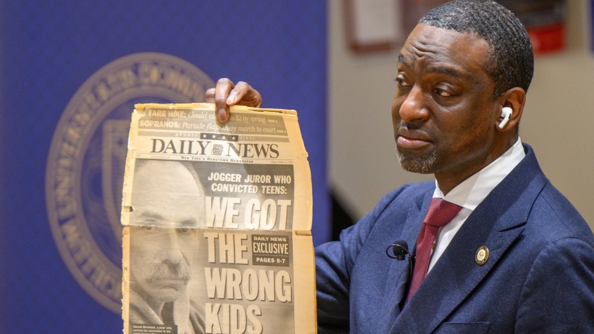 New York City Councilman Yusef Salaam holds a copy of the New York Daily News at the Notre Dame Law School March 24, 2025, opening day of the school's inaugural Death Penalty Abolition Week. Salaam was one of five teenagers eventually proven to have been wrongly convicted in the 1989 assault of a jogger in Central Park in a case that came to be known as the "Central Park Five" case. The Daily News headline story Sallam showed was on a juror in the trial acknowledging the mistake. (OSV News photo/Matt Cashor