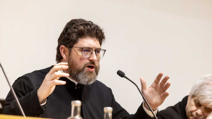 Father Andrew Summerson, a professor at the Sheptytsky Institute in Toronto and pastor of St. Mary Byzantine Catholic Church in Whiting, Indiana, speaks at a book presentation at Rome's Pontifical Oriental Institute March 31, 2025. (CNS photo/Pablo Esparza)