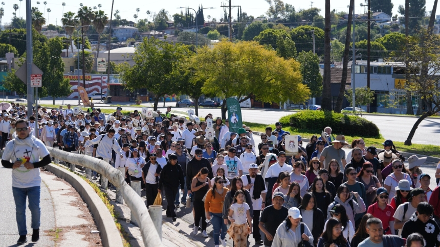 Thousands of pilgrims process from All Souls Church in Alhambra, Calif., to the Cathedral of Our Lady of the Angels in Los Angeles April 5, 2025. With the seven-mile pilgrimage taking place during the Catholic Church's Jubilee Holy Year, pilgrims had the opportunity to receive a plenary indulgence by participating in the event and fulfilling other conditions. (OSV News photo/Isabel Cacho, courtesy Los Angeles Archdiocese)