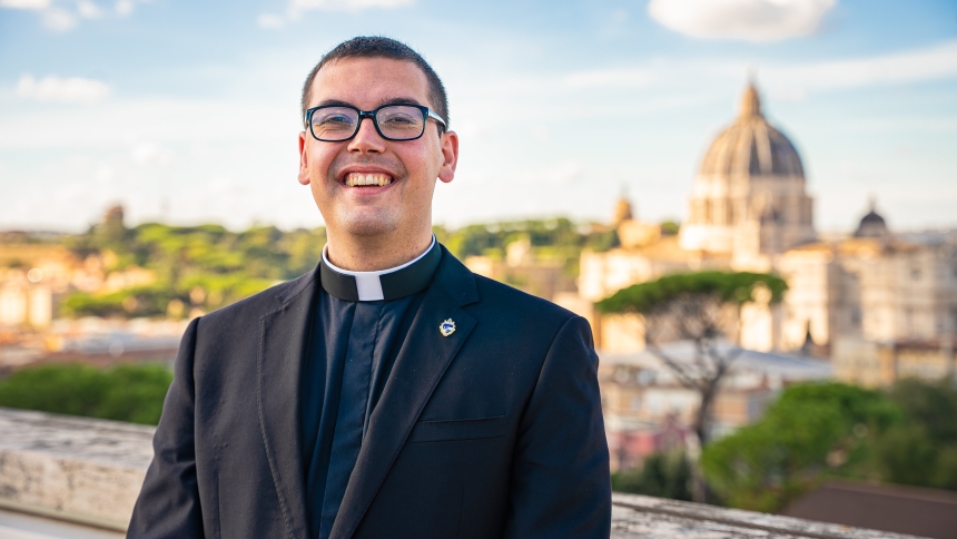 Deacon Nicholas Monnin, a seminarian of the Diocese of Fort Wayne-South Bend, Ind., has been chosen to chant the Exsultet (Easter Proclamation) at the Easter Vigil at St. Peter's Basilica April 19, 2025. Deacon Monnin is pictured Sept. 30, 2024, at the Pontifical North American College in Rome, where he studies. (OSV News photo/Scott Warden, courtesy Today's Catholic, Diocese of Fort Wayne-South Bend)