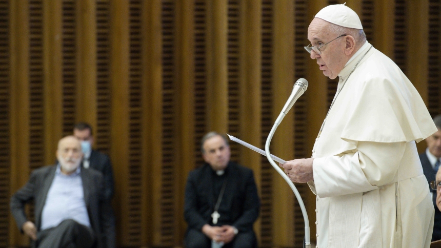 Pope Francis speaks during a Sept. 12, 2020, meeting with members of the "Laudato Si'" Communities in the Paul VI audience hall at the Vatican. "Everything is interconnected," Pope Francis said in the encyclical, "Laudato Si', on Care for our Common Home." Pope Francis, formerly Argentine Cardinal Jorge Mario Bergoglio, died April 21, 2025, at age 88. (CNS photo/Vatican Media)