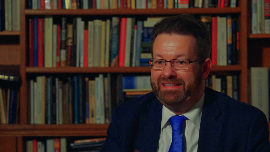Kurt Martens, a professor of canon law at The Catholic University of America in Washington, talks to Catholic News Service in Rome about the rules governing a conclave to elect a new pope March 12, 2025. (CNS photo/Robert Duncan)