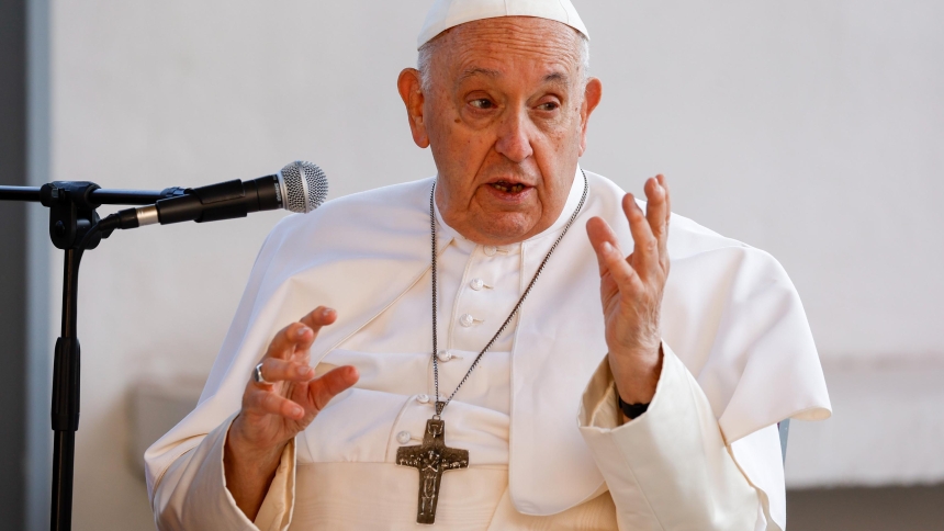Pope Francis speaks to people who find themselves in a situation of economic hardship at the house of the Missionaries of Charity in Marseille, France, Sept. 23, 2023. Pope Francis, formerly Argentine Cardinal Jorge Mario Bergoglio, died April 21, 2025, at age 88. (CNS photo/Lola Gomez)