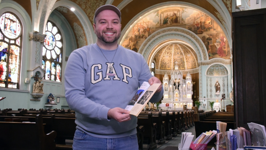Zachary Dotson stands near the welcome booth of St. Joseph church in downtown Hammond on April 16. The Elect is set to formally join the Catholic Church on Easter Vigil, April 19, and said his early interest in the faith, then years of agnosticism have opened to his Holy Spirit-filled journey into the Church and a "completely different outlook" to life. (Anthony D. Alonzo photo)