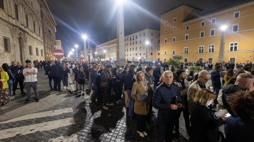 People stand in line outside the Vatican to pay their respects to Pope Francis, lying in state in St. Peter's Basilica at the Vatican April 23, 2025. Public viewing was to continue until April 25, the night before the late pope's funeral. (CNS photo/Pablo Esparza)