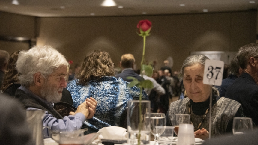 Valparaiso University professor emeritus Richard Stith (left) and his wife artist Rosemarie Stith are seated at the 52nd annual Lake County Right to Life banquet at the Halls of St. George in Schererville on April 4. The not-for-profit organization's event functions as an informational, social and fundraising gathering to support the activism, education and charity of the group that "exists to promote concern for the sanctity of human life from conception to natural death." (Anthony D. Alonzo photo)