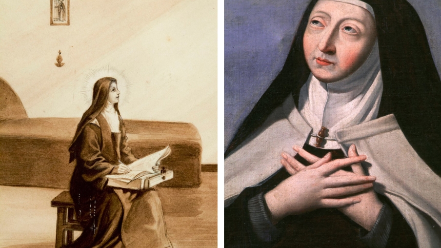 Undated illustrations of St. Thérèse of Lisieux and St. Teresa of Avila are pictured in a combination photo. St. Thérèse of Lisieux is the patron of missionaries and missions and St. Teresa of Avila was mystic and founder of the Discalced Carmelites, and the first female declared to be a doctor of the church. (OSV News files/Nancy Phelan Wiechec/Crosiers)