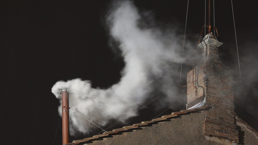 White smoke rises from the chimney of the Sistine Chapel on March 13, 2013, at the Vatican, signaling that Argentine Cardinal Jorge Mario Bergoglio, who became Pope Francis, was elected the 266th Roman Catholic pontiff. The cardinals will meet again on May 7, 2025, to elect a successor to Pope Francis, who died April 21. (CNS photo/Paul Haring)