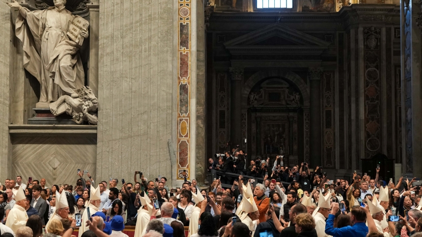 Cardinals process at the beginning of the Mass on the nine days of official mourning for Pope Francis, at the Altar of the Confession in St. Peter’s Basilica at the Vatican May 4, 2025. (CNS photo/Lola Gomez)