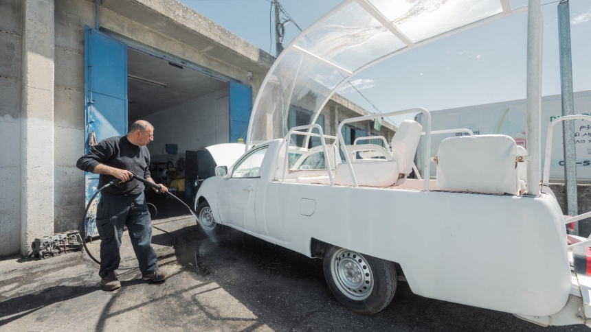 Final work is being carried out to transform the popemobile used by Pope Francis during his 2014 Holy Land pilgrimage into a mobile health unit for the children of Gaza which will be ready for use once the humanitarian corridor is opened. In his final months, before his death April 21, 2025, the pope approved and blessed the project. (OSV News photo/courtesy Caritas Jerusalem) EDITORS: BEST QUALIT
