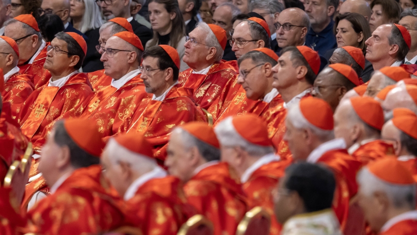 Cardinals celebrate the Mass "Pro Eligendo Romano Pontifice" ("for the election of the Roman pontiff") in St. Peter's Basilica at the Vatican May 7, 2025. (CNS photo/Pablo Esparza)