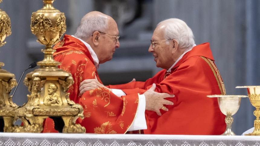 Cardinal Leonardo Sandri, subdean of the College of Cardinals, (left) and Cardinal Giovanni Battista Re, dean of the College of Cardinals, concelebrate the Mass "Pro Eligendo Romano Pontifice" ("for the election of the Roman pontiff") in St. Peter's Basilica at the Vatican May 7, 2025. (CNS photo/Pablo Esparza)