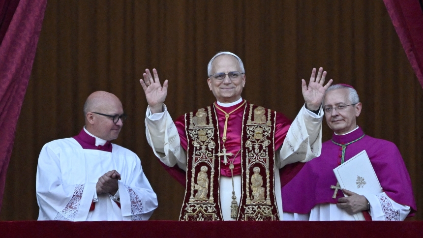 Cardinal Robert Francis Prevost, who has chosen the papal name Leo XIV, appears on the central balcony of St. Peter's Basilica at the Vatican May 8, 2025, following his election during the conclave. He is the first American pope in history. (OSV News photo/Dylan Martinez, Reuters)