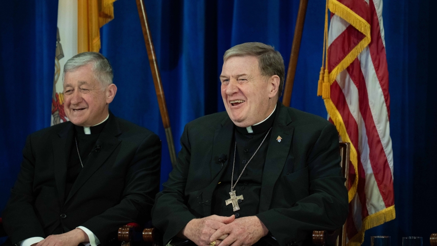 Cardinals Blase J. Cupich of Chicago and Joseph W. Tobin of Newark, New Jersey, laugh during a news conference on the election of Pope Leo XIV at the Pontifical North American College in Rome May 9, 2025. (CNS photo/Kendall McLaren)