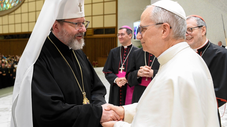 Pope Leo XIV greets Major Archbishop Sviatoslav Shevchuk of Kyiv-Halych, head of the Ukrainian Greek Catholic Church, during a meeting with participants in the Jubilee of the Eastern Churches in the Paul VI Audience Hall at the Vatican May 14, 2025. (CNS photo/Vatican Media)