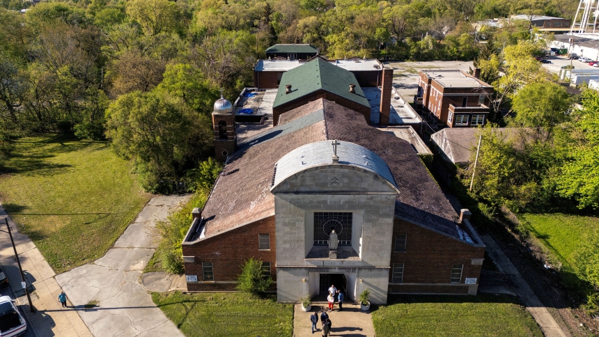 A drone view May 9, 2025, shows St. Mary of the Assumption Church at the very southern edge of Chicago, where Pope Leo XIV attended Mass with his family while he was growing up. The church, vacant since 2011, is now in the planning stages for a possible community center, workers' training program and place of worship for area church congregations. (OSV News photo/Carlos Osorio, Reuters)