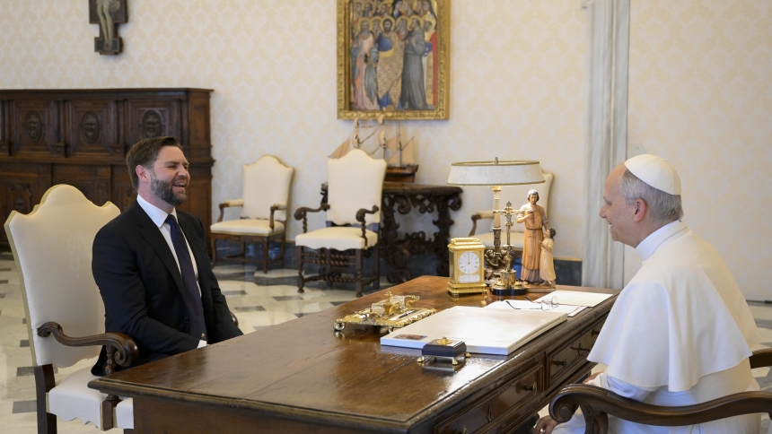Pope Leo XIV meets with U.S. Vice President JD Vance in the library of the Apostolic Palace at the Vatican May 19, 2025. (CNS photo/Vatican Media)