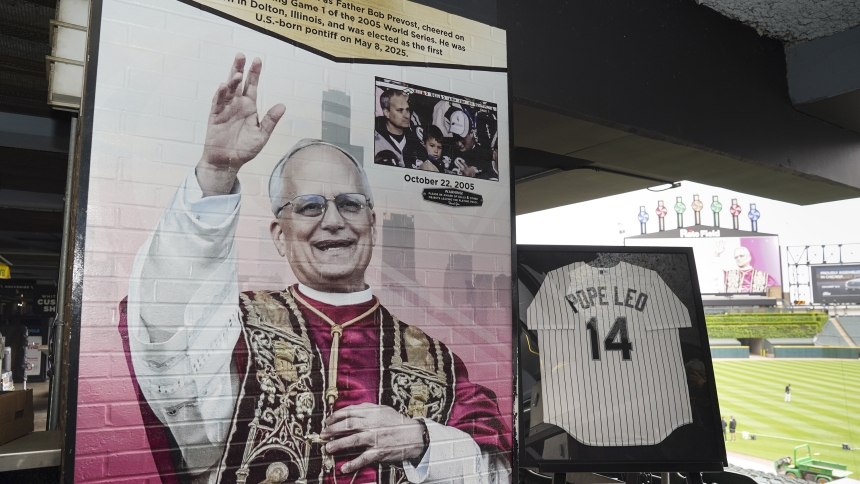 A mural dedicated to Pope Leo XIV, alongside a special Pope Leo No. 14 Chicago White Sox jersey, is unveiled in Section 140 of Rate Field, the White Sox's ballpark, in Chicago, May 19, 2025. (OSV News photo / Courtesy of the Chicago White Sox)