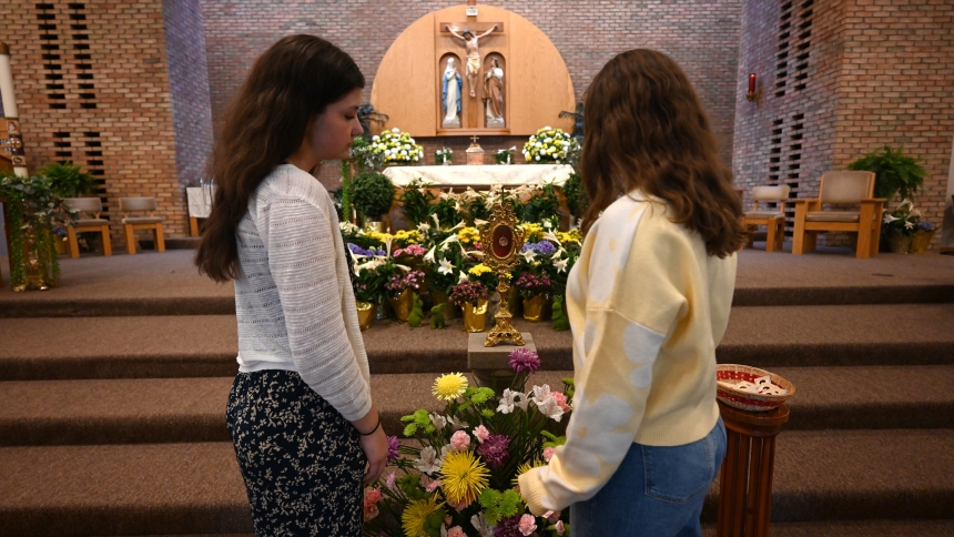 At St. Patrick parish's vigil Mass on Saturday, April 26, youth received a special blessing as part of the Catholic Church's celebration of the Jubilee for Teens. Father Jon Plavcan, pastor, preached on the life of Blessed Carlo Acutis, who he said "did not waste time," but rather loved others as he served the Eucharistic Lord. Those gathered at the Chesterton church had the opportunity to venerate a first-class relic of Blessed Carlo Acutis. (Anthony D. Alonzo Photo)