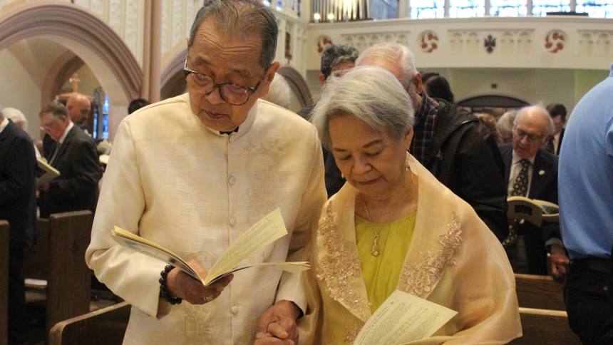Fifty-five years after they were married on May 16, 1970 at the Cathedral of the Holy Angels in Gary, Alejandro and Maria Corazon Manahan returned on May 18 for the annual Anniversary Mass hosted by the Diocese of Gary. As newlyweds, “we lived just across the street from the cathedral,” said the bride, “and worked at St. Mary Hospital down the street,” added the groom. The couple now lives in Schererville and attends St. Michael church. (Marlene A. Zloza photo)