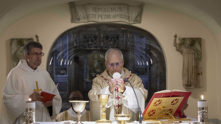 Pope Leo XIV celebrates Mass May 11, 2025, at the altar near the tomb of St. Peter's in the grotto of St. Peter's Basilica at the Vatican. Father Alejandro Moral Anton, prior general of the Order of St. Augustine, was the principal concelebrant. (CNS photo/Vatican Media)