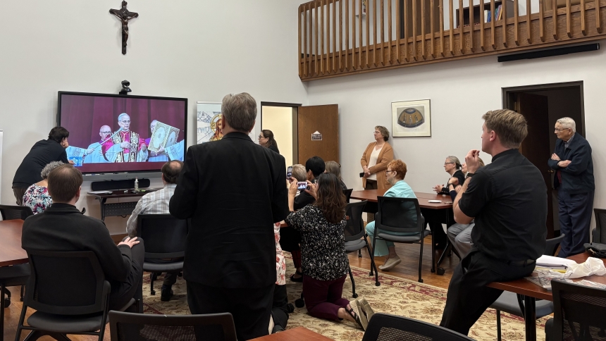 Diocese of Gary staff watching announcement of Pope Leo XIV