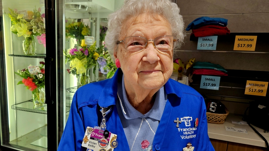 : Vivian Kelby turned 100 on May 4 and still volunteers weekly in the Franciscan Health Crown Point gift shop. She’s been a volunteer at the hospital for nearly 50 years.