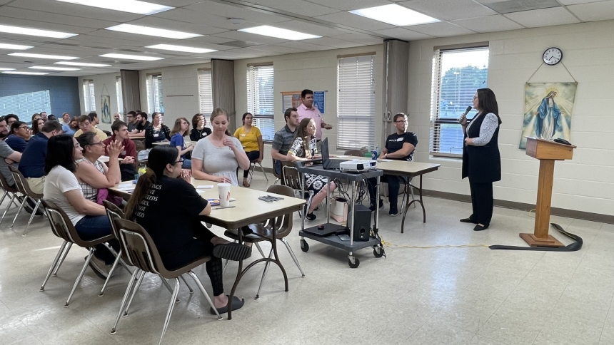Dr. Claudia Sadowski, intercultural ministry coordinator for the Diocese of Gary,  speaks to young adults at Our Lady of Consolation in Merrillville during the 2024 Young Adult Summer Speaker Series. This year’s series begins on Wednesday, May 28 at St. John the Evangelist, with Adam Ayers, pastoral associate of Youth and Worship at the St. John parish. (Provided photo)