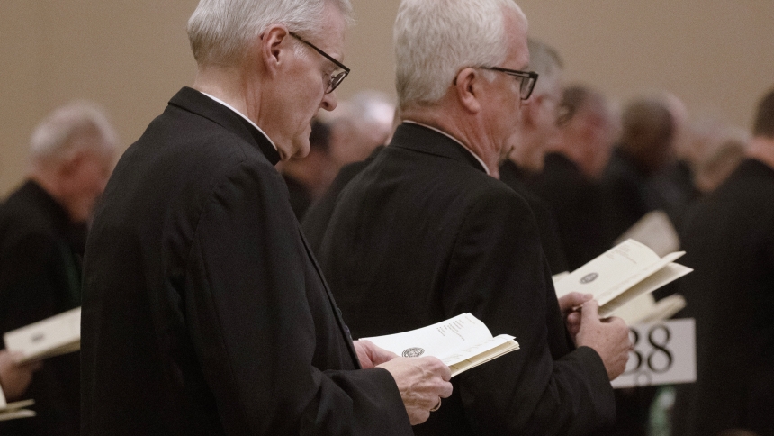 Bishops pray June 13, 2024, at the U.S. Conference of Catholic Bishops' Spring Plenary Assembly in Louisville, Ky. (OSV News photo/Bob Roller)
