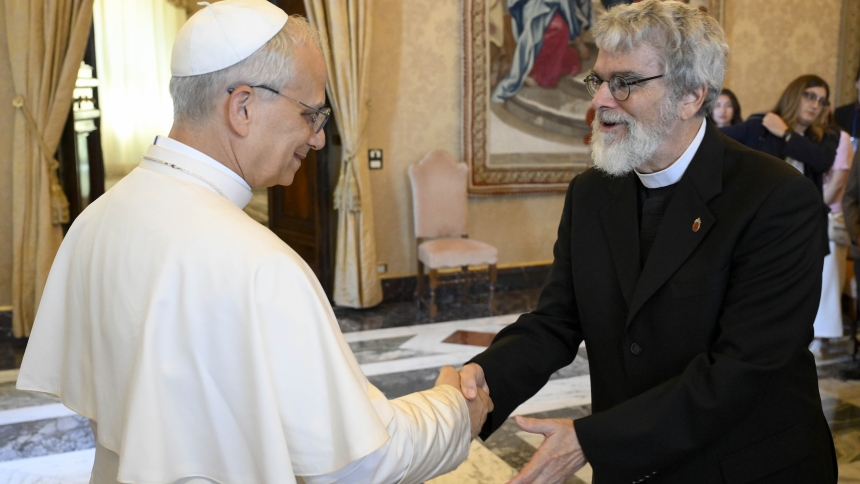 Pope Leo XIV greets Jesuit Brother Guy Consolmagno, director of the Vatican Observatory, during an audience with students in the summer school of the observatory, at the Vatican June 16, 2025. (CNS photo/Vatican Media)