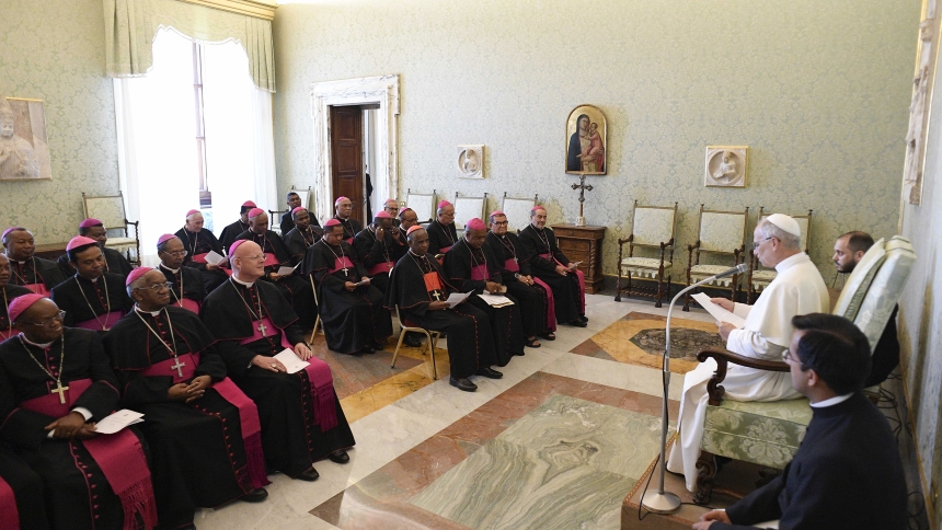 Pope Leo XIV addresses bishops from Madagascar visiting Rome for the Holy Year 2025 during a meeting at the Vatican June 16, 2025. (CNS photo/Vatican Media)