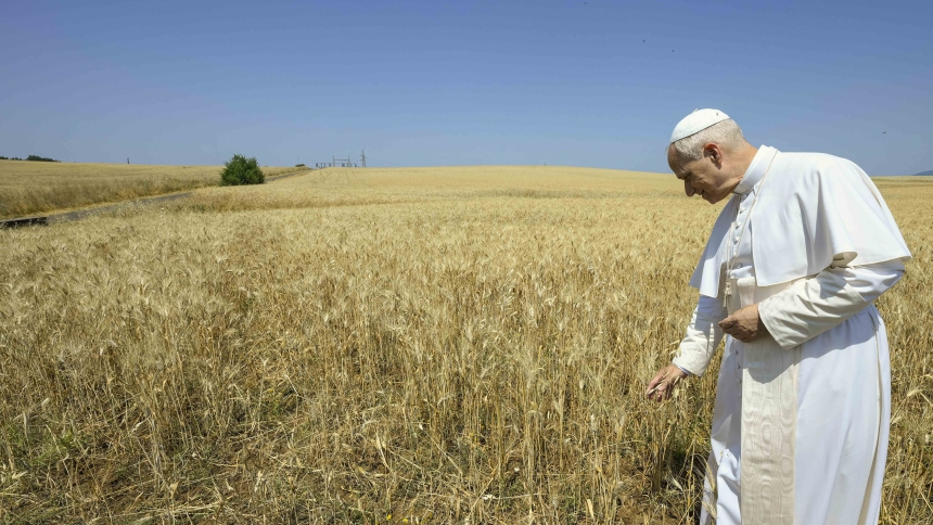 Pope Leo XIV visits a field where the Vatican is studying setting up a solar farm on land surrounding the Vatican Radio shortwave transmission center at Santa Maria di Galeria outside of Rome June 19, 2025. (CNS photo/Vatican Media)