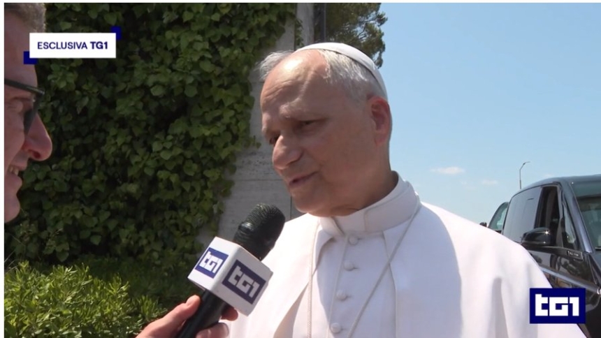 Pope Leo XIV is seen in a video interview with RAI Uno June 19, 2025, outside of Vatican Radio's transmission center at Santa Maria di Galeria outside of Rome, Italy, where he had made an impromptu visit. (CNS photo/screengrab from RAI Uno video)