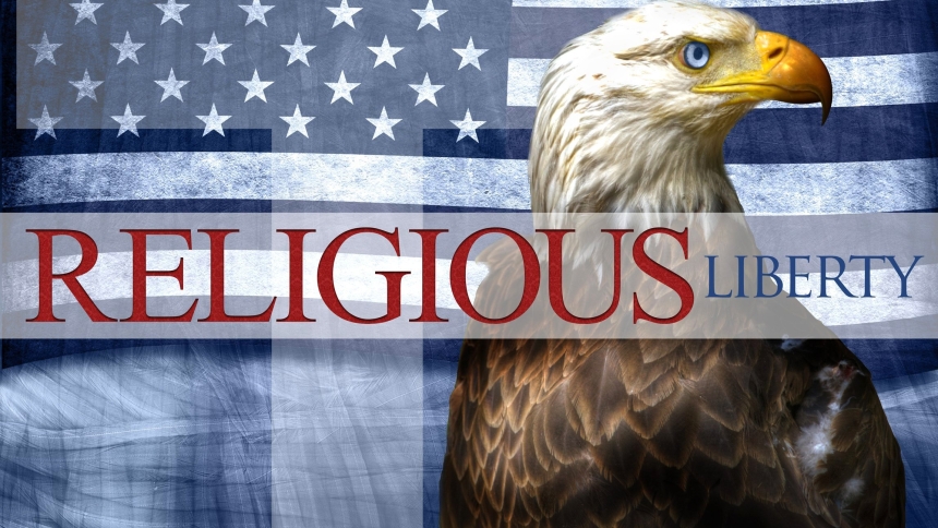 A bald eagle and U.S. flag are seen in an illustration for religious liberty. (OSV News illustration/Lisa Johnston, St. Louis Review)  