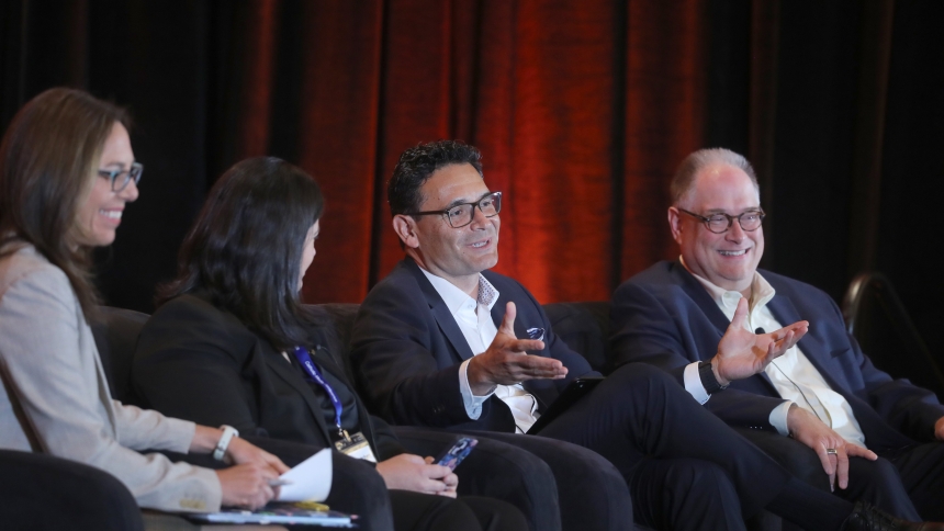 Edmundo Reyes, co-founder of Real+True, gestures during a panel discussion titled "Bearers of Truth" June 26, 2025, at the Catholic Media Conference in Phoenix. Also pictured are Jeanette De Melo, strategic initiatives director for EWTN News; Gretchen R. Crowe, editor-in-chief of OSV News and immediate past president of the Catholic Media Association, and James Rogers, chief communications officer for the U.S. Conference of Catholic Bishops. (OSV News photo/Bob Roller)