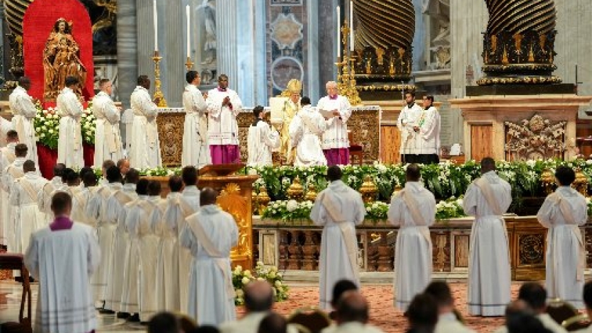 Pope Leo XIV ordains 32 priests during Mass on the feast of the Sacred Heart of Jesus in St. Peter’s Basilica at the Vatican June 27, 2025. (CNS photo/Lola Gomez)