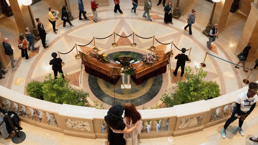 Mourners pay their respects as senior Democratic state assemblywoman Melissa Hortman and her husband, Mark, lie in state June 27, 2025, at the Minnesota Capitol in St. Paul. The couple was shot dead in their home in a Minneapolis suburb June 14. A funeral Mass for them was celebrated June 28 at at the Basilica of St. Mary in Minneapolis. (OSV News photo/Tim Evans, Reuters)