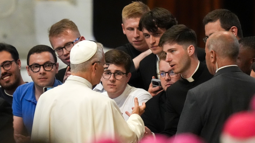 Pope Leo XIV greets seminarians after leading a meditation in St. Peter's Basilica at the Vatican June 24, 2025, as part of the Jubilee of Seminarians. (CNS photo/Lola Gomez)