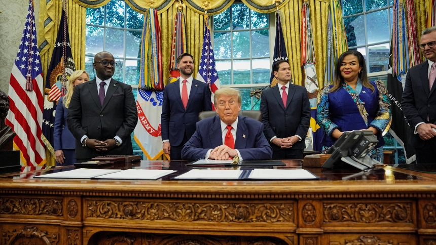 U.S. President Donald Trump, Secretary of State Marco Rubio and Vice President JD Vance pose with Rwanda's Foreign Minister Olivier Nduhungirehe, far left, and Democratic Republic of the Congo's Foreign Minister Therese Kayikwamba Wagner, far right, during the signing of a peace agreement in the Oval Office at the White House in Washington June 27, 2025. (OSV News photo/Ken Cedeno, Reuters)