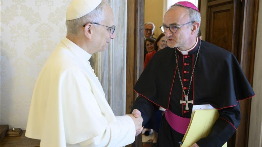Pope Leo XIV greets Archbishop Thibault Verny of Chambéry, France, during a meeting at the Vatican June 5, 2025. The pope appointed Archbishop Verny president of the Pontifical Commission for the Protection of Minors, succeeding U.S. Cardinal Seán P. O’Malley. (CNS photo/Vatican Media)
