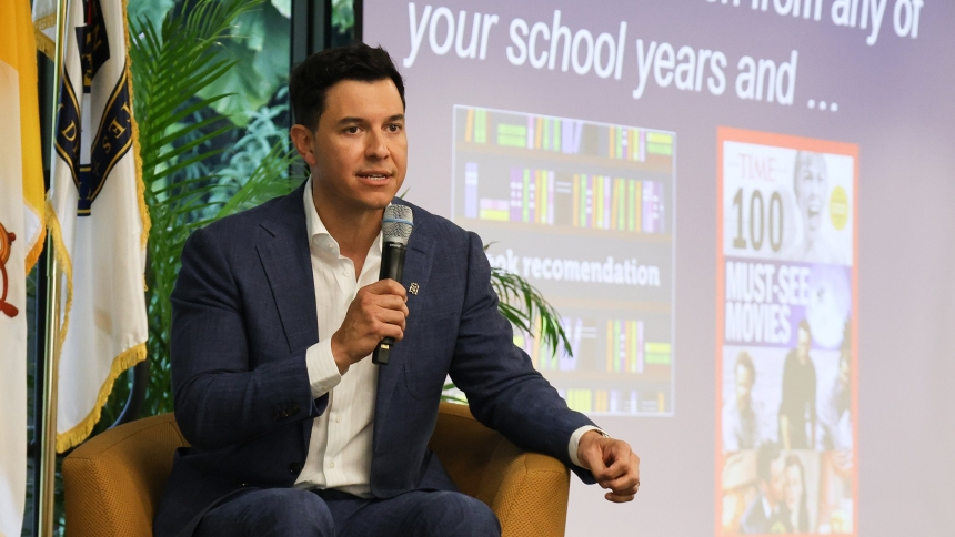 "NBC Nightly News" anchor and managing editor Tom Llamas speaks to students and faculty at Belen Jesuit Preparatory School in Miami, his high school alma mater, during a "fireside chat" event May 1, 2025. He was joined by Cesar Conde, another Belen alumnus, who is chairman of NBCUniversal News Group, overseeing NBC News, MSNBC and CNBC. (OSV News photo/courtesy Belem High School)