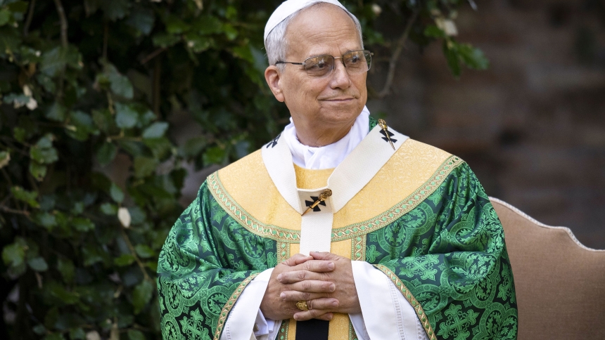 Pope Leo XIV celebrates Mass "for the care of creation" on the grounds of the Borgo Laudato Si' ecology center in Castel Gandolfo, Italy, July 9, 2025. The vestments Pope Leo is wearing were new and made by Chicago-based House of Hansen. (CNS photo/Cristian Gennari, pool)