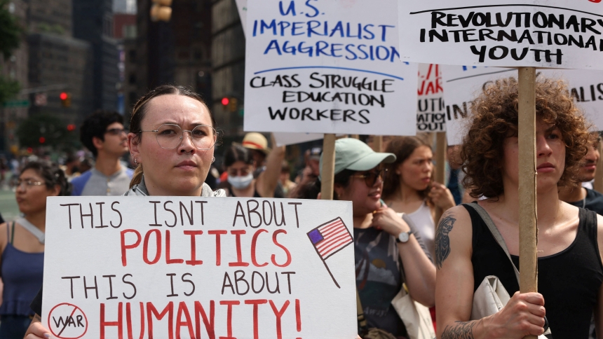 Demonstrators march following U.S attack on Iran's nuclear sites and against Iran-Israel conflict, at Times Square in New York City, U.S. June 22, 2025. (OSV News photo/Caitlin Ochs, Reuters)