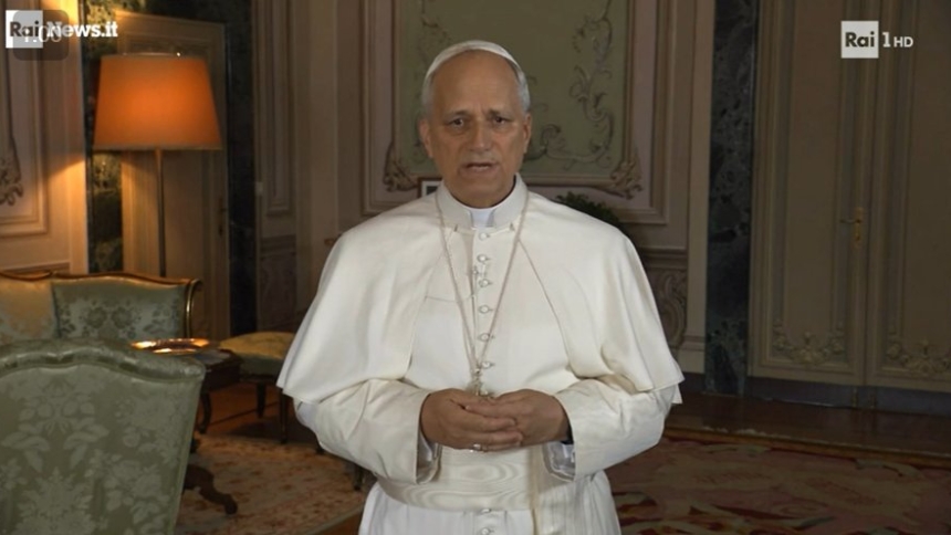 Pope Leo XIV is seen in a video message aired by RAI Uno July 15, 2025. The message, recorded from the papal summer villa in Castel Gandolfo, was played before the start of an annual charity soccer match, which was raising money this year for a project helping families of patients receiving long-term care at the Vatican-owned Bambino Gesù Pediatric Hospital in Rome. (CNS photo/screengrab from RAI Uno/RAI News video)