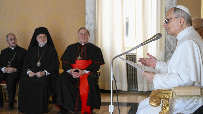 Pope Leo XIV speaks with U.S. visitors at his residence at the papal villa in Castel Gandolfo, Italy, July 17, 2025. The group was led by Cardinal Joseph W. Tobin of Newark, New Jersey, and Greek Orthodox Archbishop Elpidophoros of America, who can be seen seated. The ecumenical pilgrimage included Rome, Istanbul -- formerly known as Constantinople -- and Iznik, Turkey, site of the ancient city of Nicaea. The journey commemorates both the Holy Year dedicated to hope and the 1700th anniversary of the Council