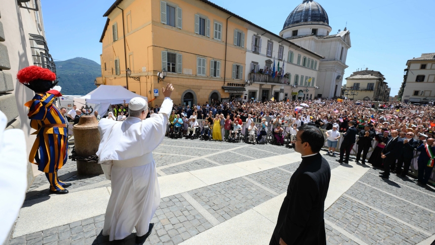 Pope Leo XIV greets visitors at the conclusion of the Angelus in Castel Gandolfo, Italy, July 20, 2025. (CNS photo/Vatican Media)