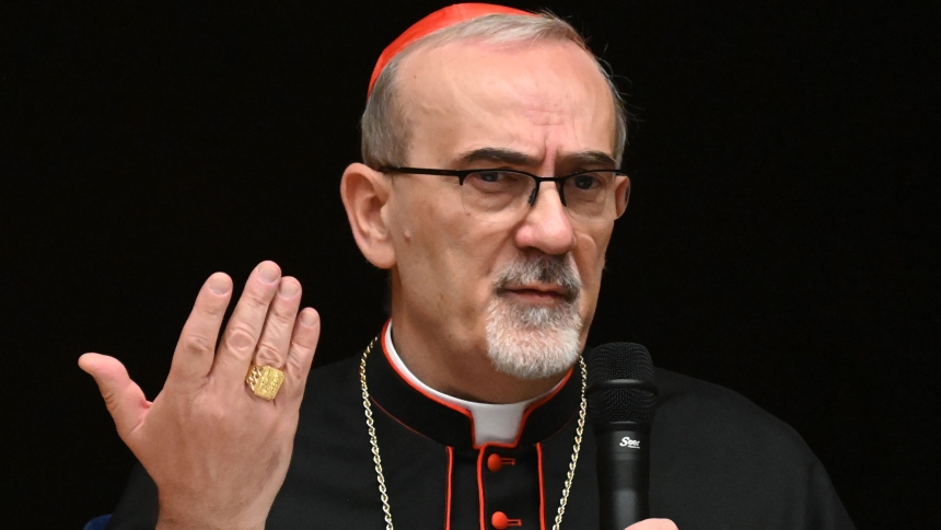 Cardinal Pierbattista Pizzaballa, the Latin patriarch of Jerusalem, at a joint press conference with Jerusalem’s Greek Orthodox Patriarch Theophilos III about their visit to Gaza, given at the Notre Dame Center in Jerusalem July 22, 2025. (OSV News photo/Debbie Hill)