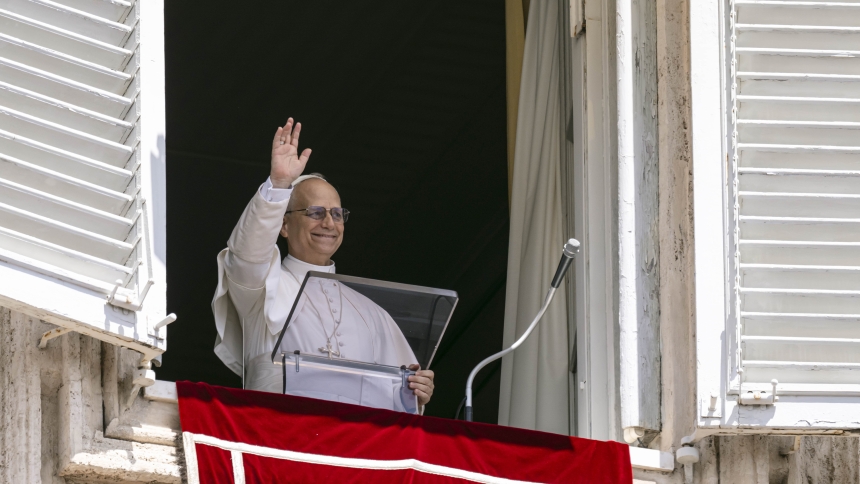 Pope Leo XIV greets pilgrims after leading the Angelus in St. Peter’s Square at the Vatican July 27, 2025. (CNS photo/Vatican Media)