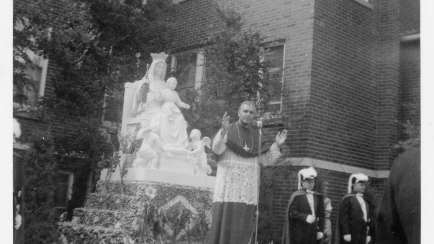 Bishop Andrew Grutka, first bishop of the Diocese of Gary, blesses the statue of Our Lady of Mount Carmel in front of original Carmelite Monastery building in Munster in 1959, just two years after the diocese was established and nine years after the Discalced Carmelite Fathers arrived in Northwest Indiana. (Provided photo)